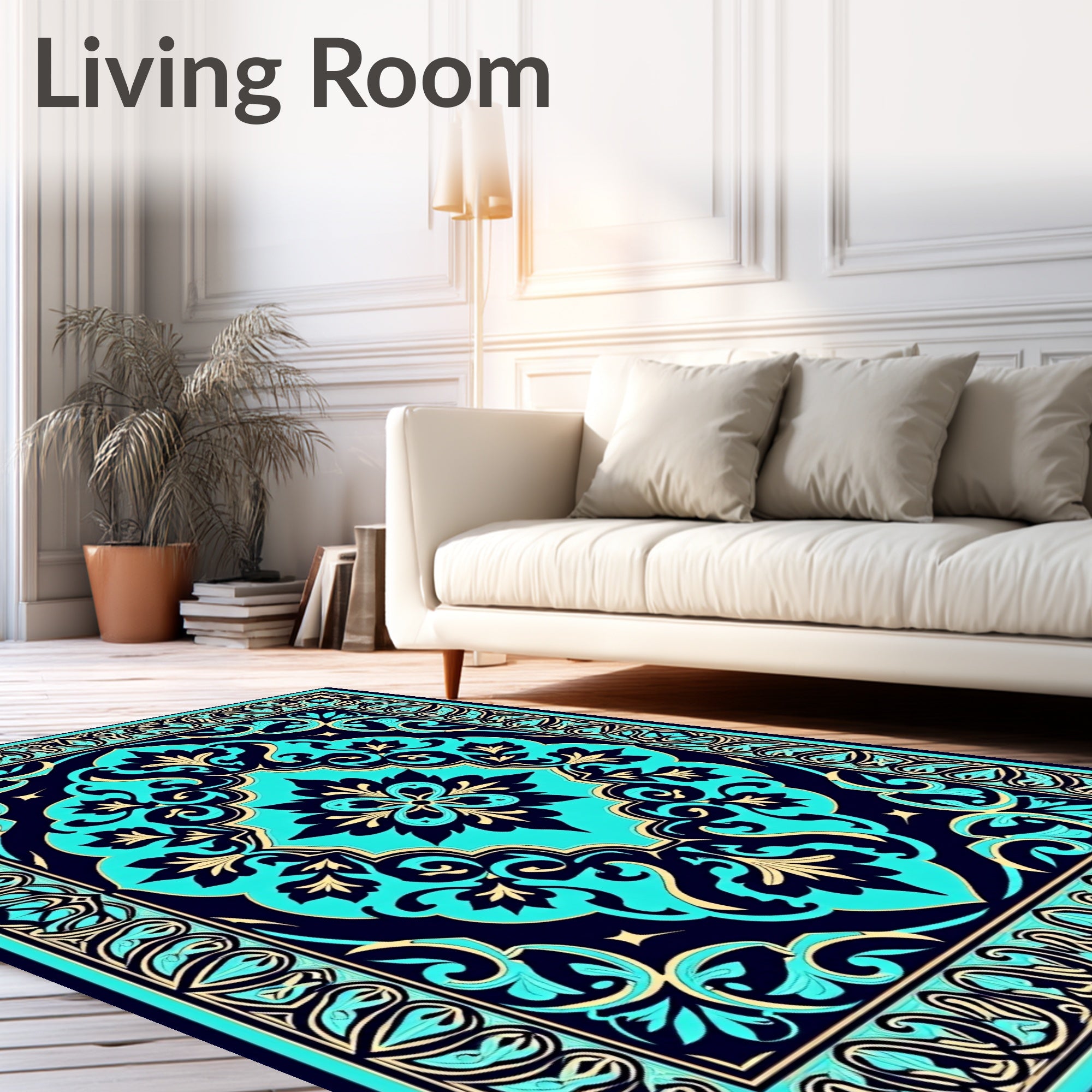 Deep Aqua Golden Floral Medallion Rug
