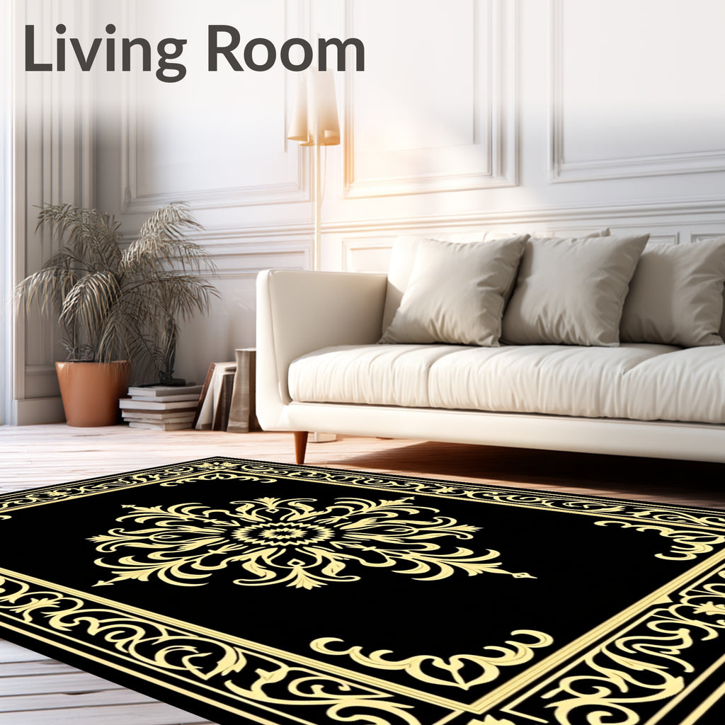 Elegant Gold Floral Scrollwork On Black Rug
