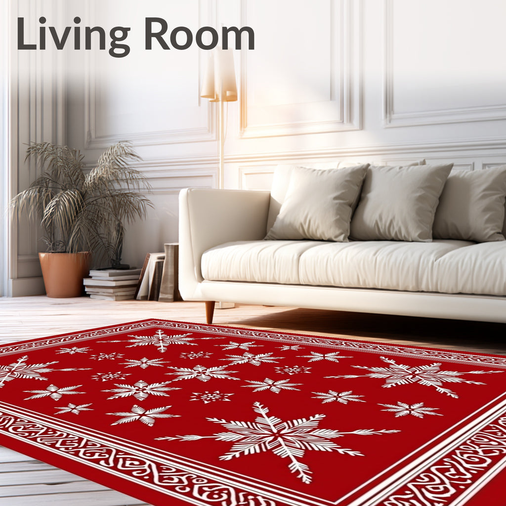 Crimson White Snowflake Collage Rug