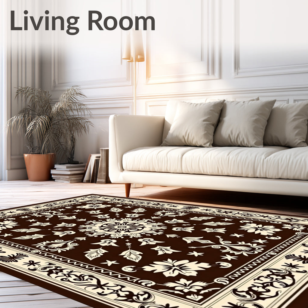 Rich Brown Cream Floral Medallion Border Rug