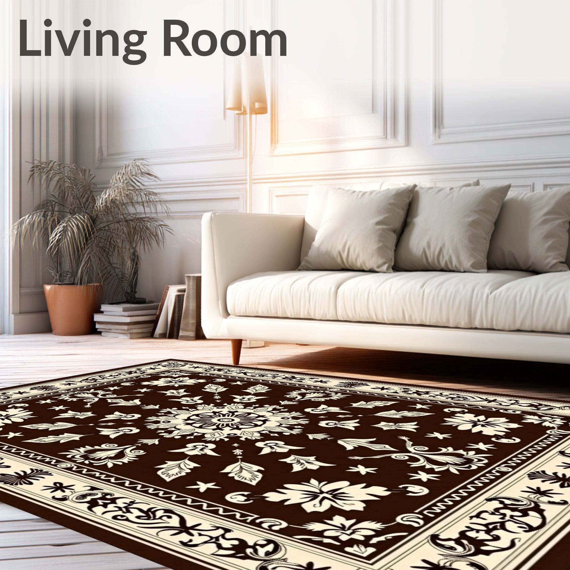Rich Brown Cream Floral Medallion Border Rug