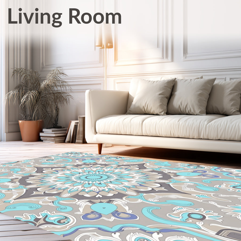 Sky Blue Gray Medallion Fabric Rug