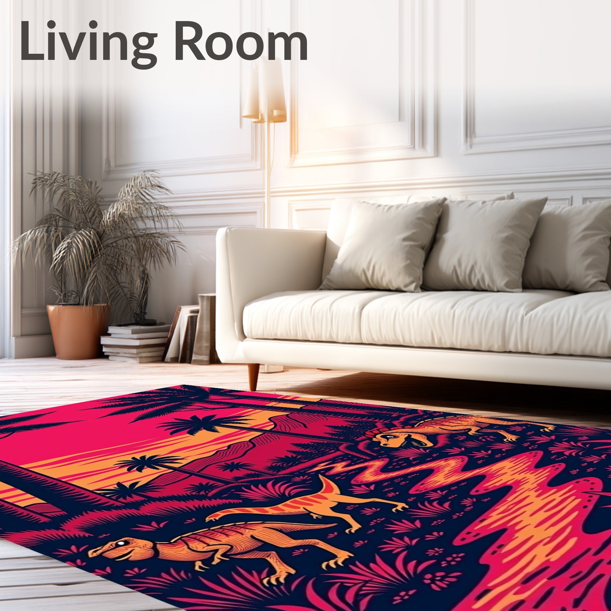 Vibrant Dinosaur Jungle Sunset Landscape Rug
