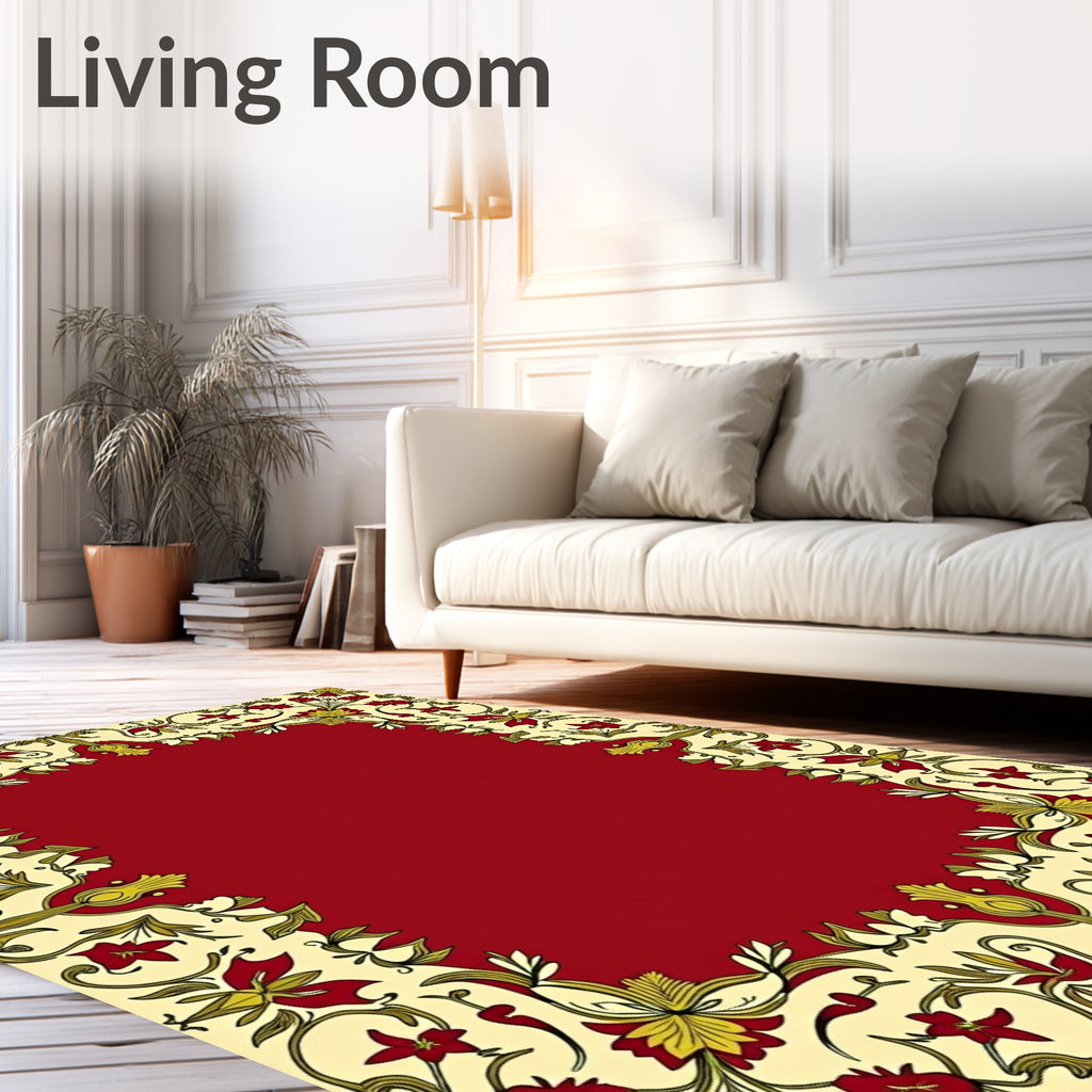 Crimson Leaf Scrolls Border Rug