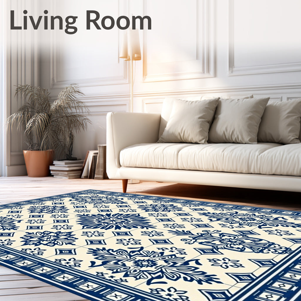 Classic Blue White Floral Medallion Tile Rug