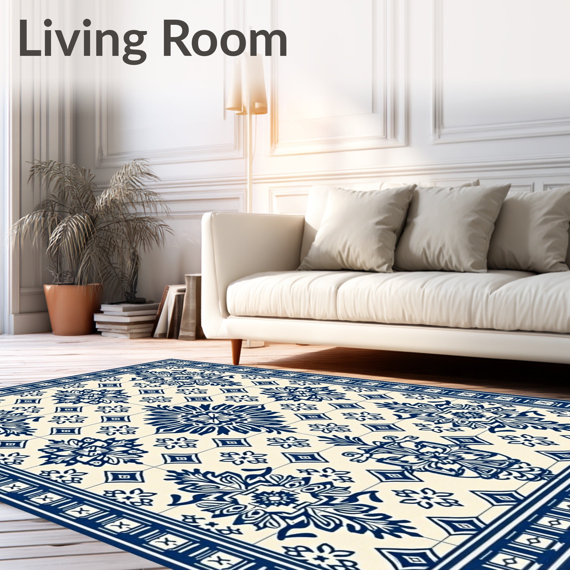 Classic Blue White Floral Medallion Tile Rug