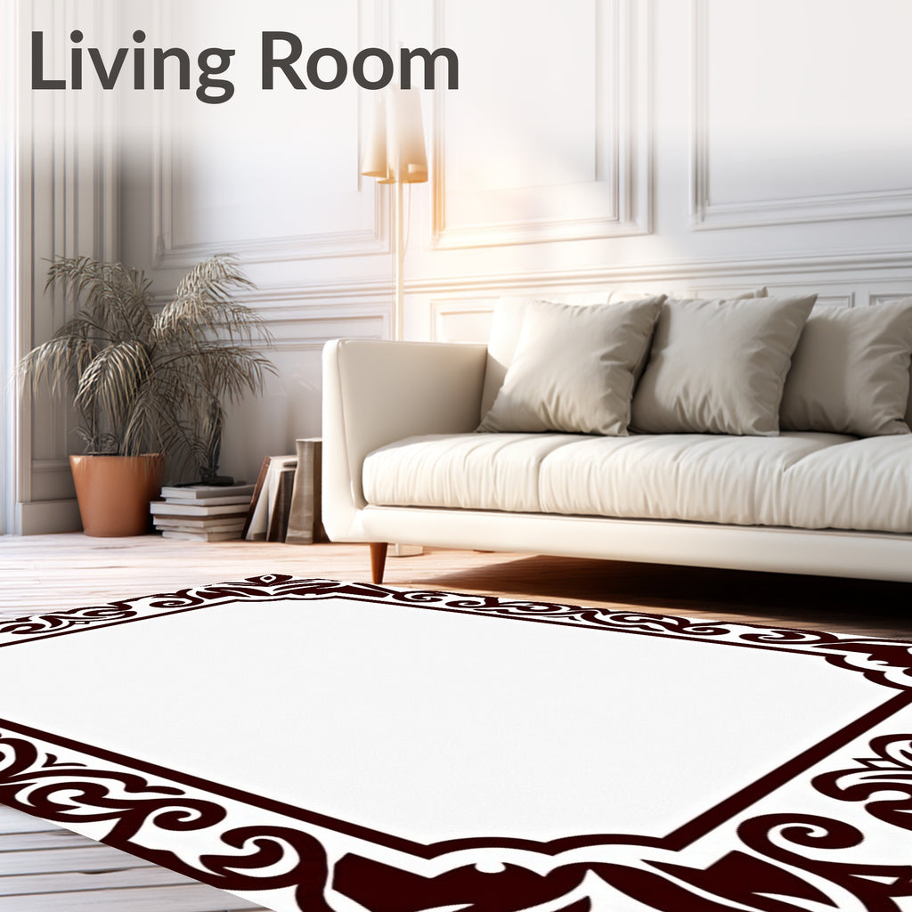Dark Brown Ornamental Floral Scroll Frame Rug