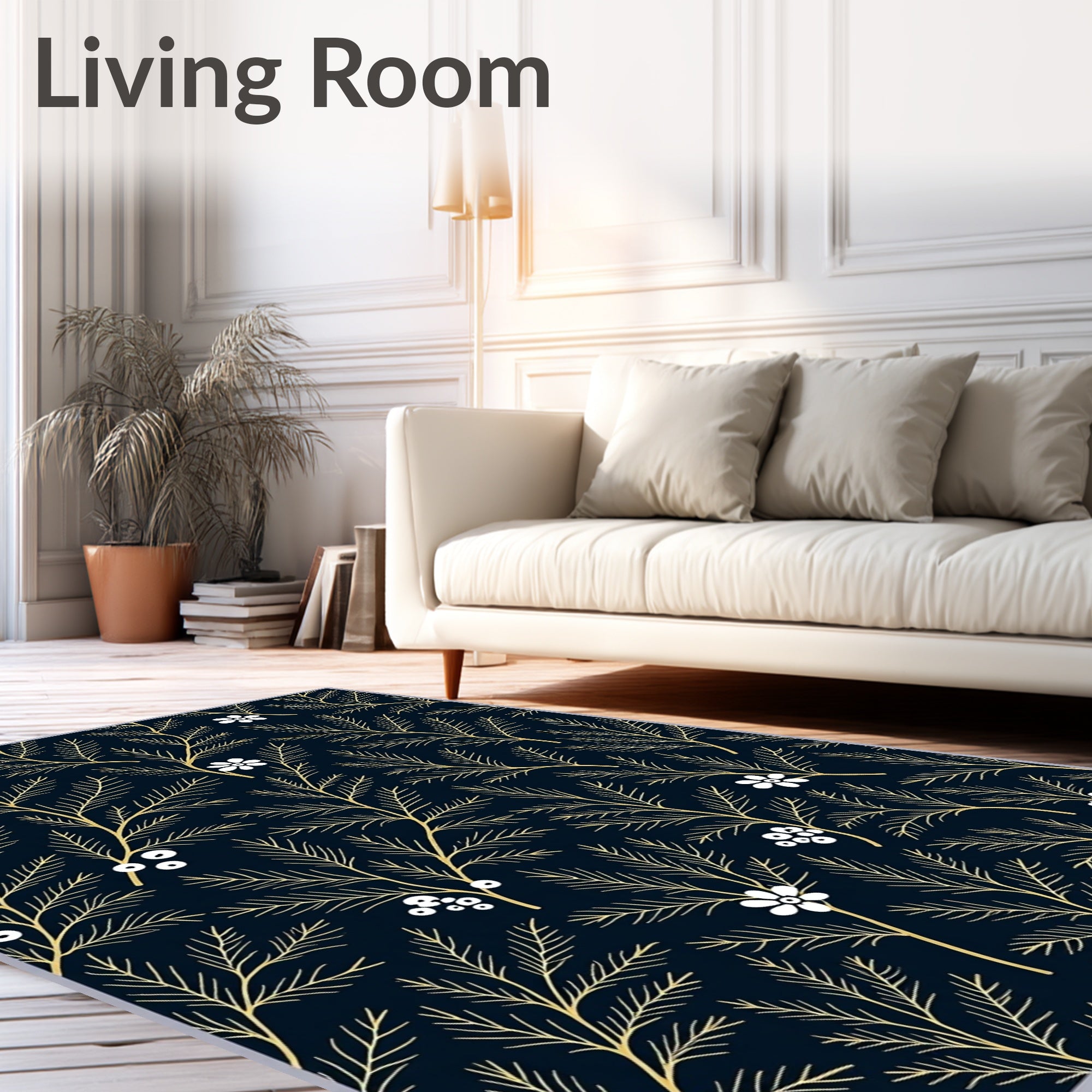Deep Navy White Floral Branch Rug