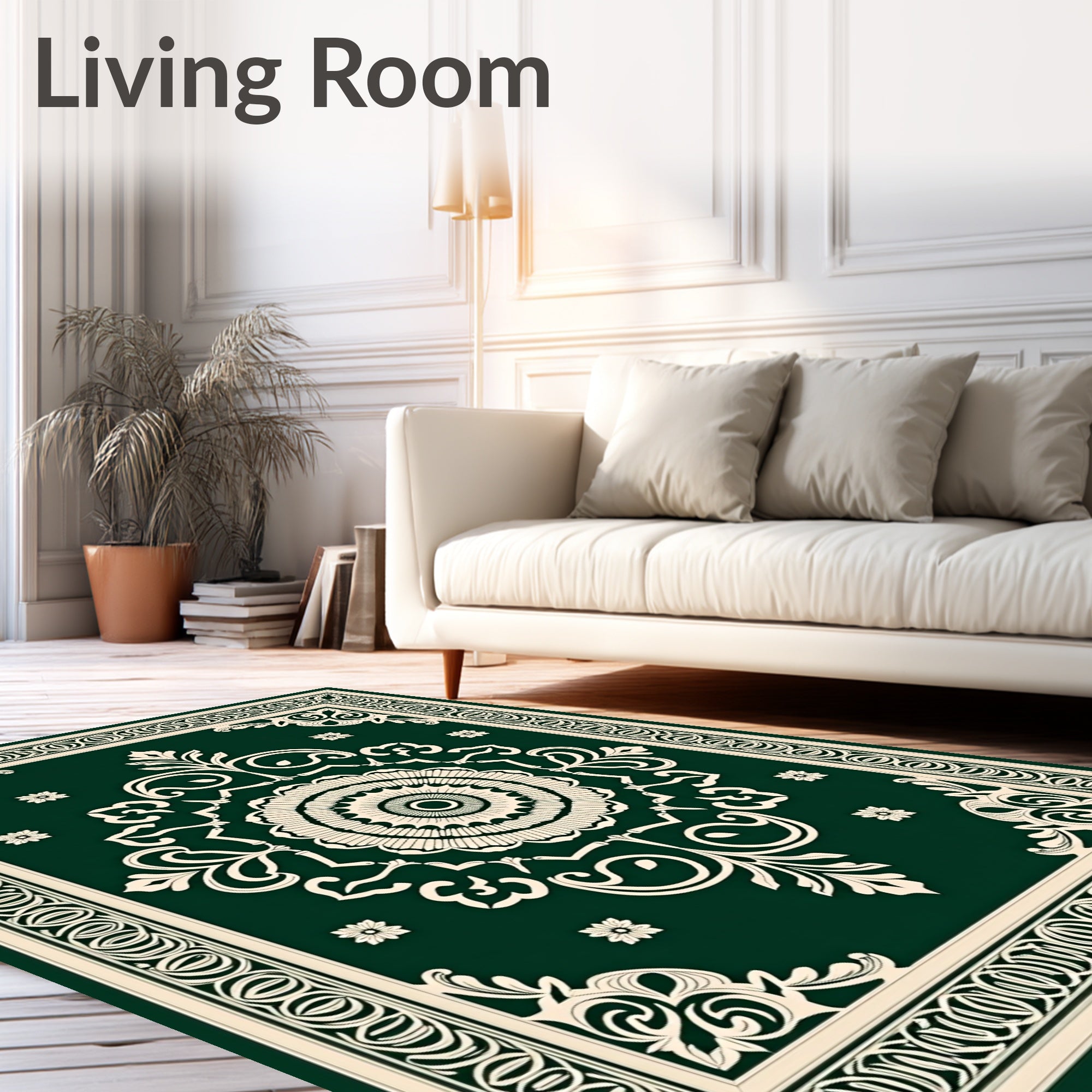 Emerald Green Cream Medallion Scroll Rug