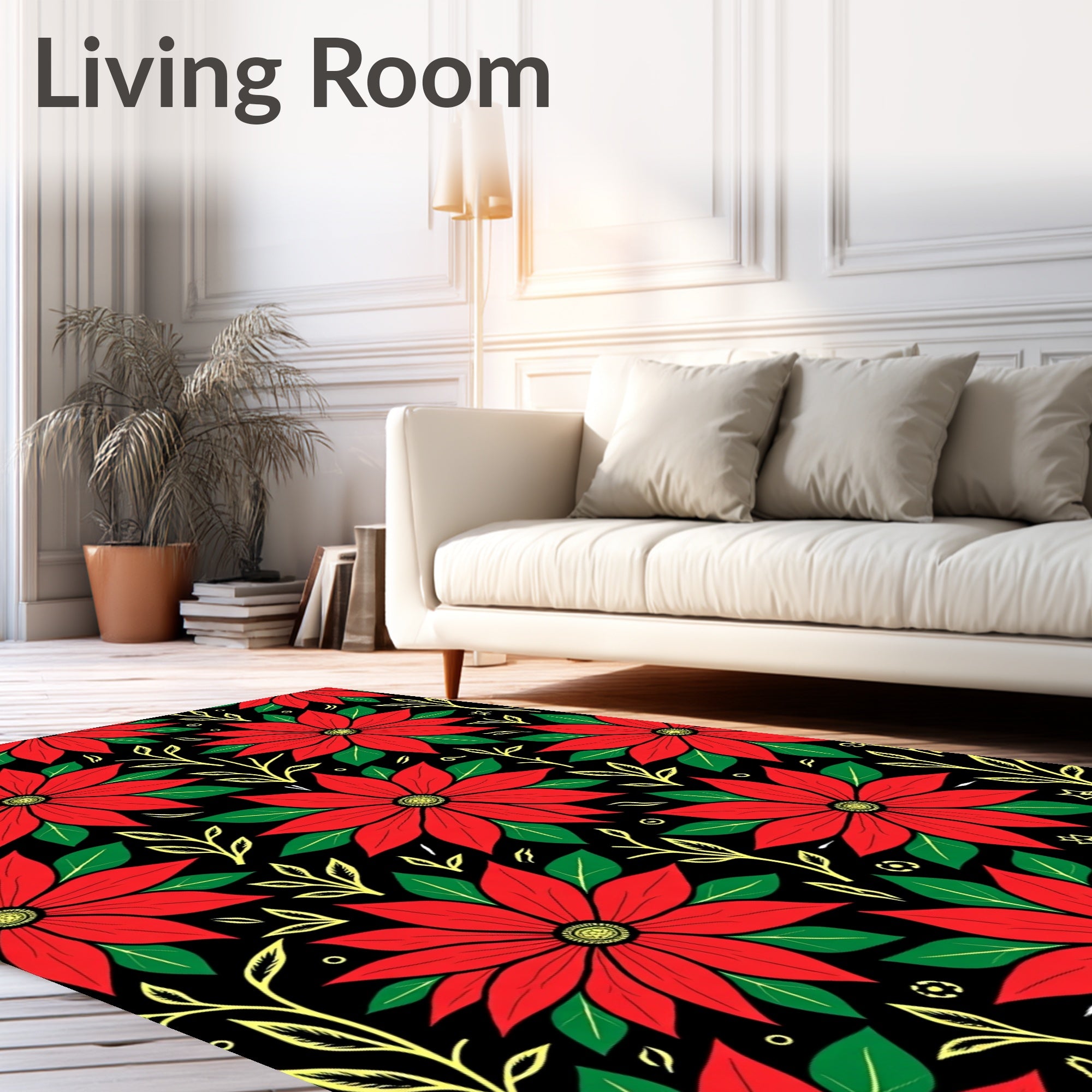 Festive Red Poinsettia Christmas Floral Rug