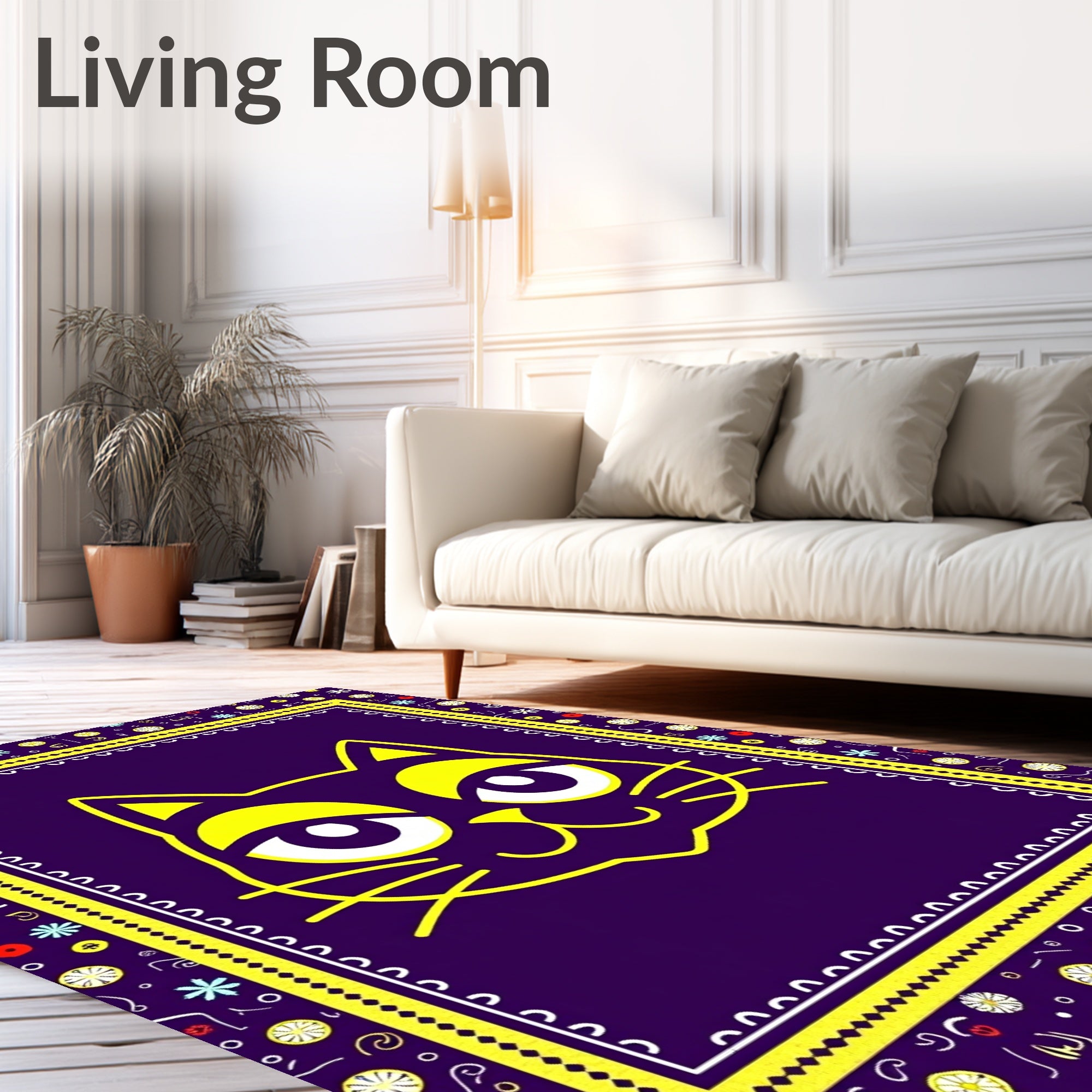 Bold Yellow Cat Purple Floral Rug