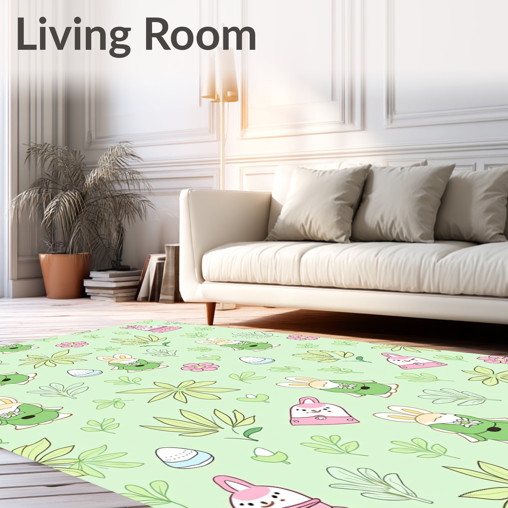 Charming Pink Green Bunny Spring Floral Rug