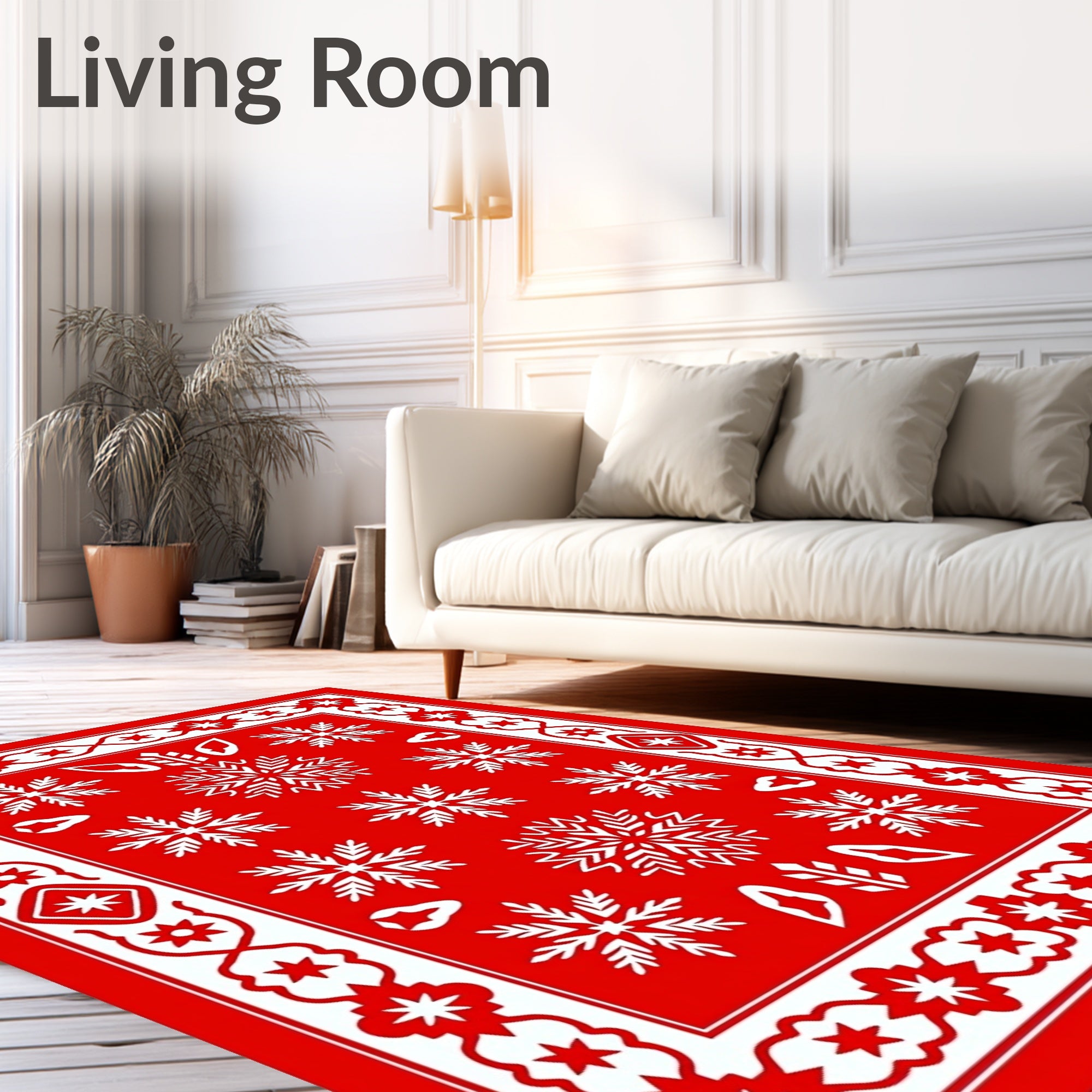 Festive Red Snowflake Star Border Rug