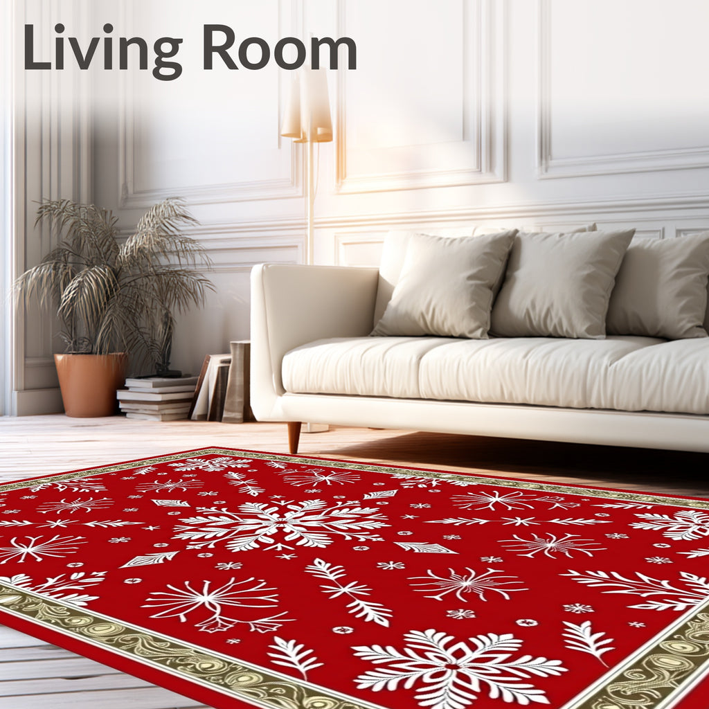 Red White Snowflake Winter Wonderland Rug
