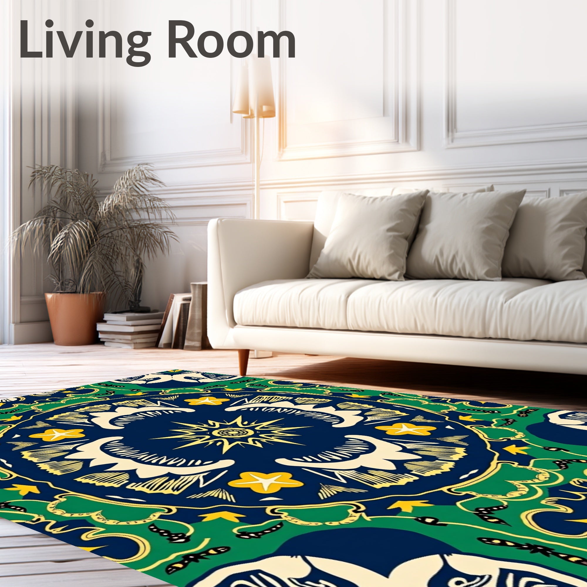 Navy Blue Yellow Floral Medallion Rug