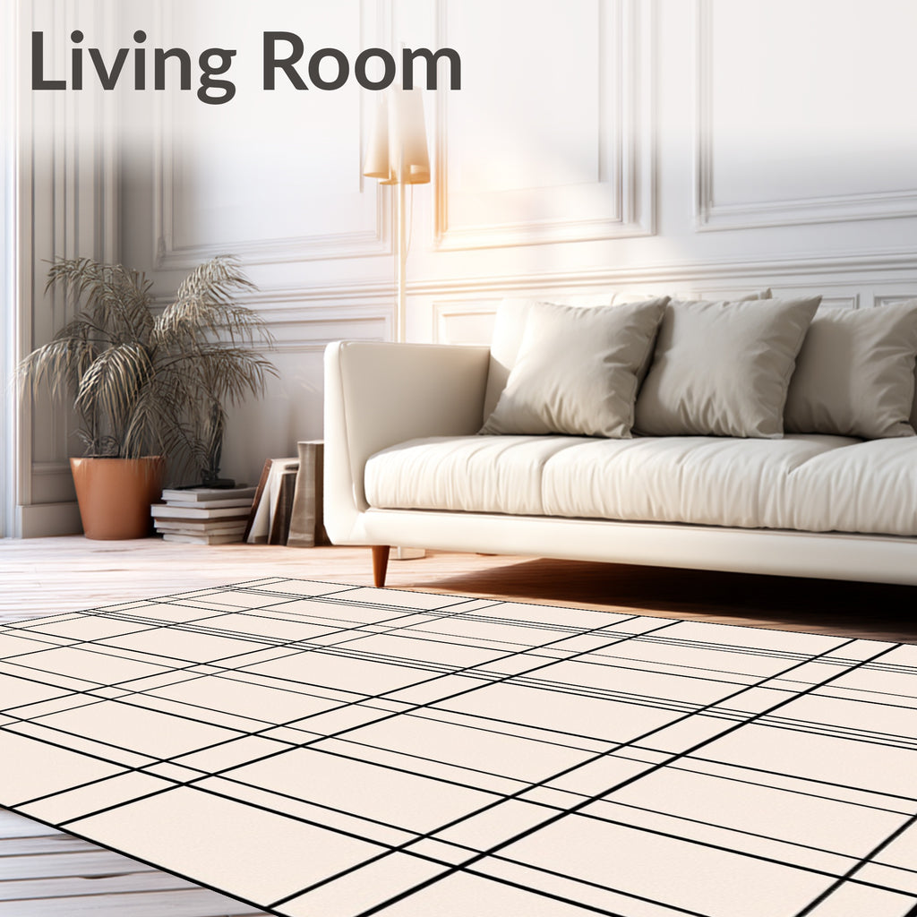 Cream Black Plaid Grid Lines Rug