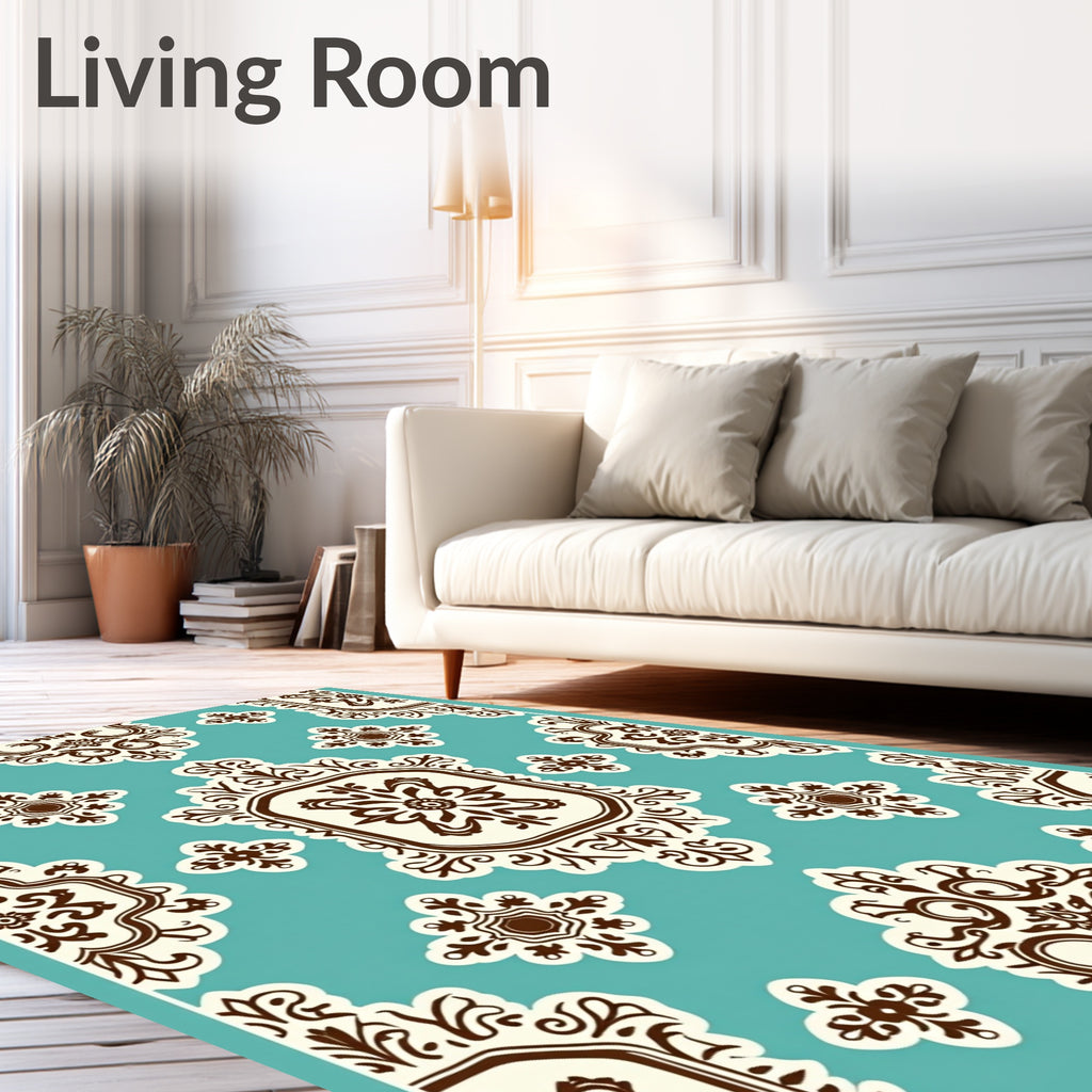 Vintage Cream and Teal Damask Medallion Rug