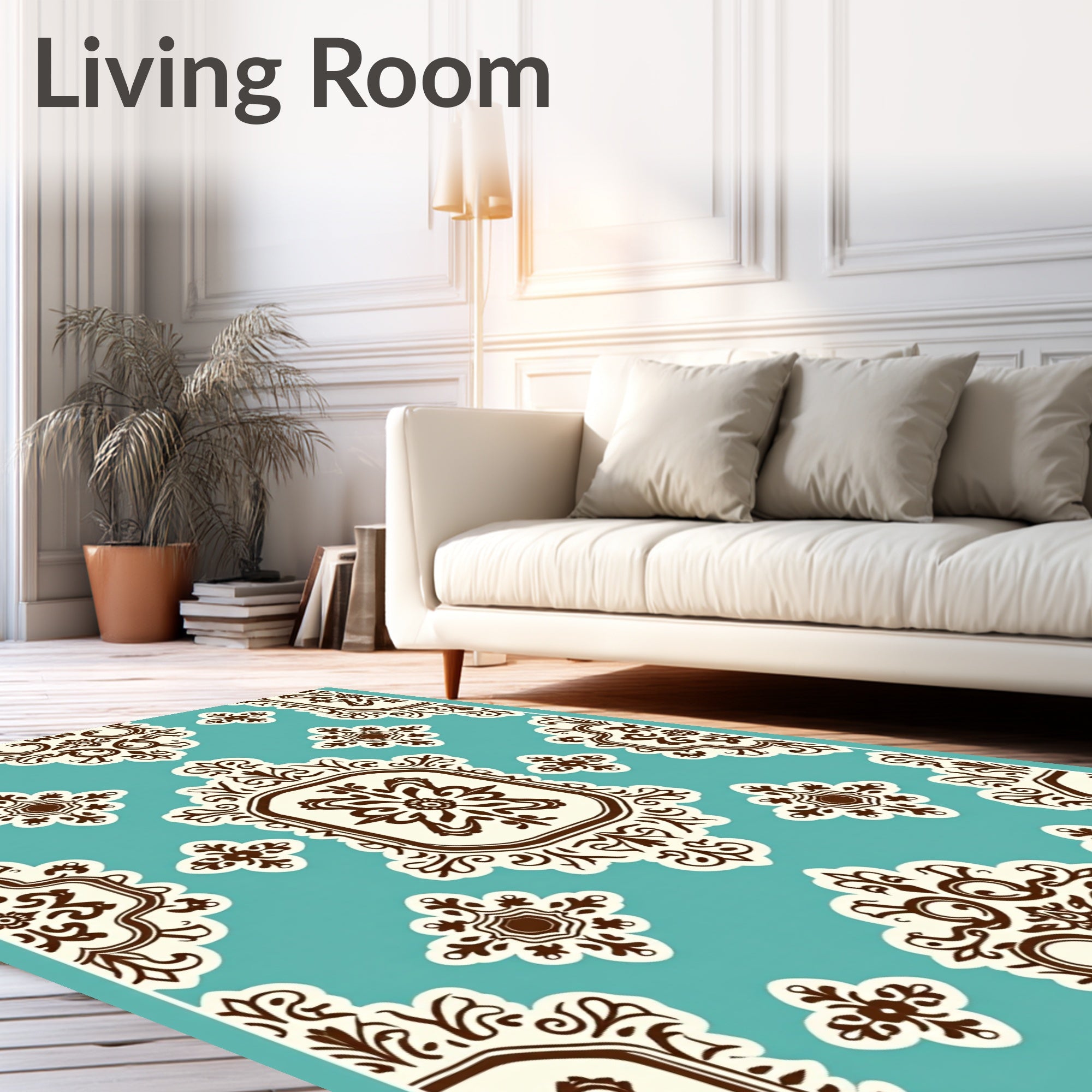 Vintage Cream and Teal Damask Medallion Rug
