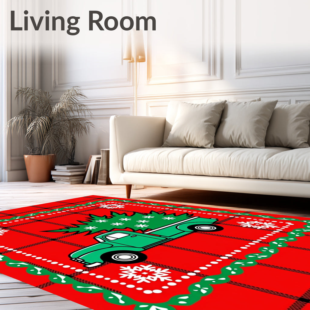 Red Plaid Evergreen Truck Snowflakes Rug