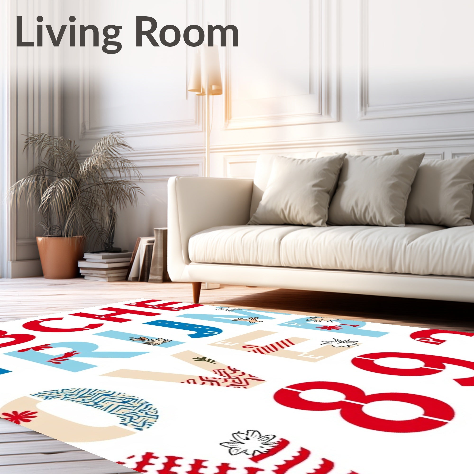 Red Blue Alphabet Illustrations With Florals Rug