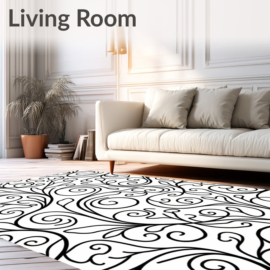 Black White Swirling Vine Scroll Rug