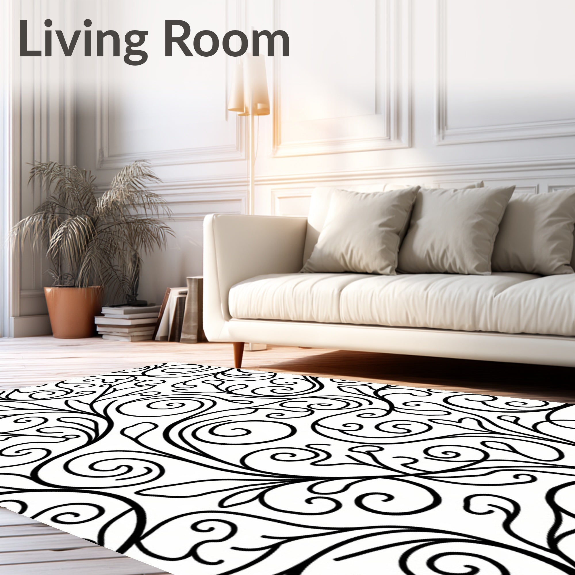 Black White Swirling Vine Scroll Rug