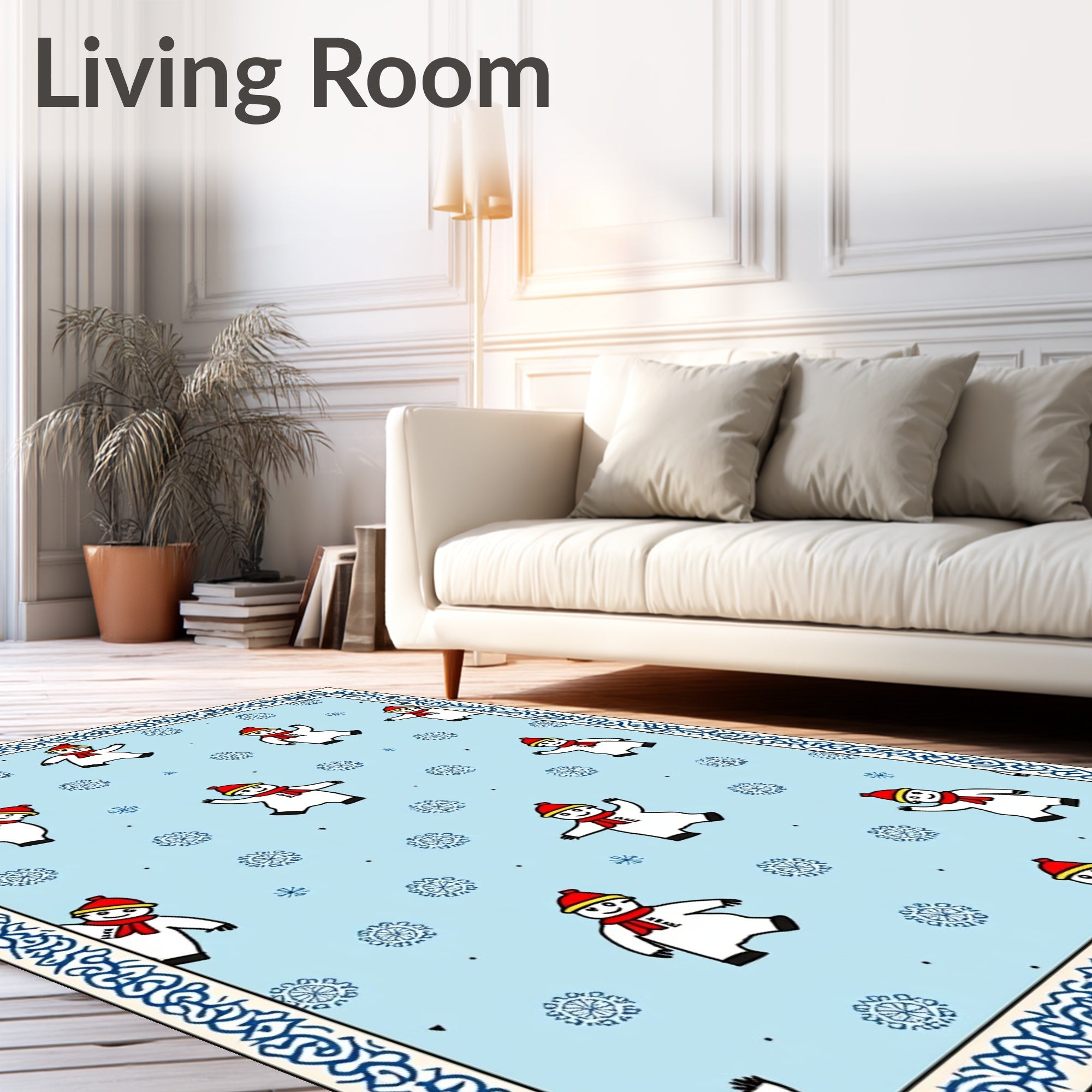Light Blue Snowman Snowflake Winter Border Rug