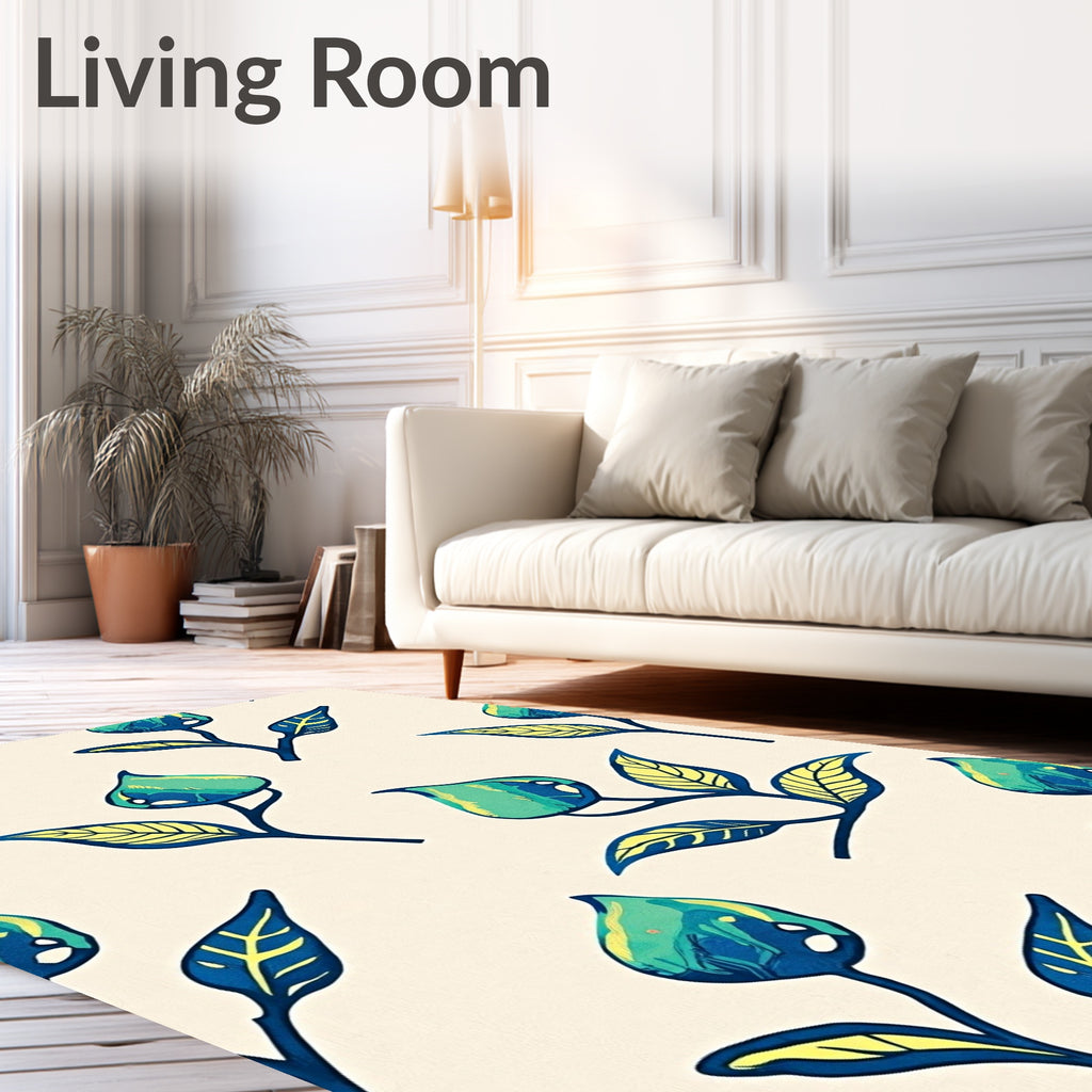 Teal Blue Floral Botanical Branch Rug