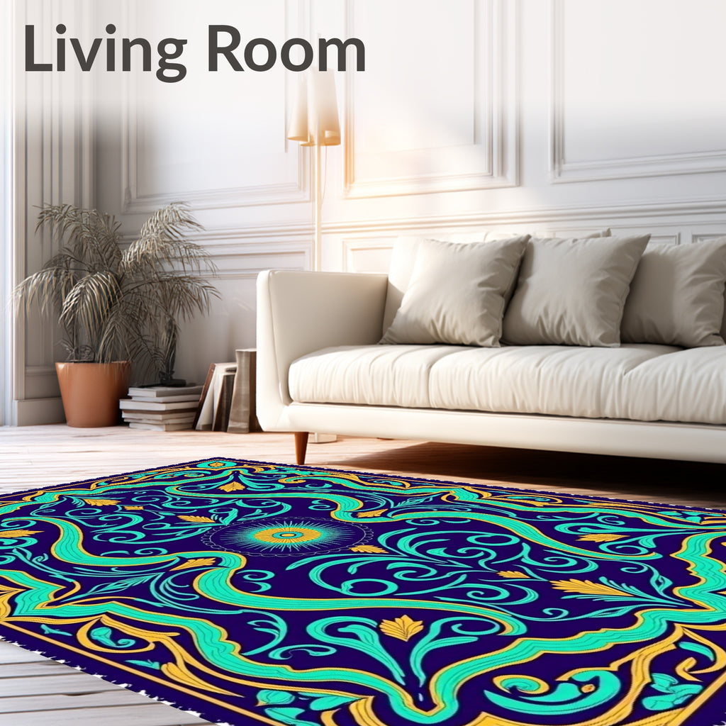 Deep Blue Teal Golden Floral Medallion Rug