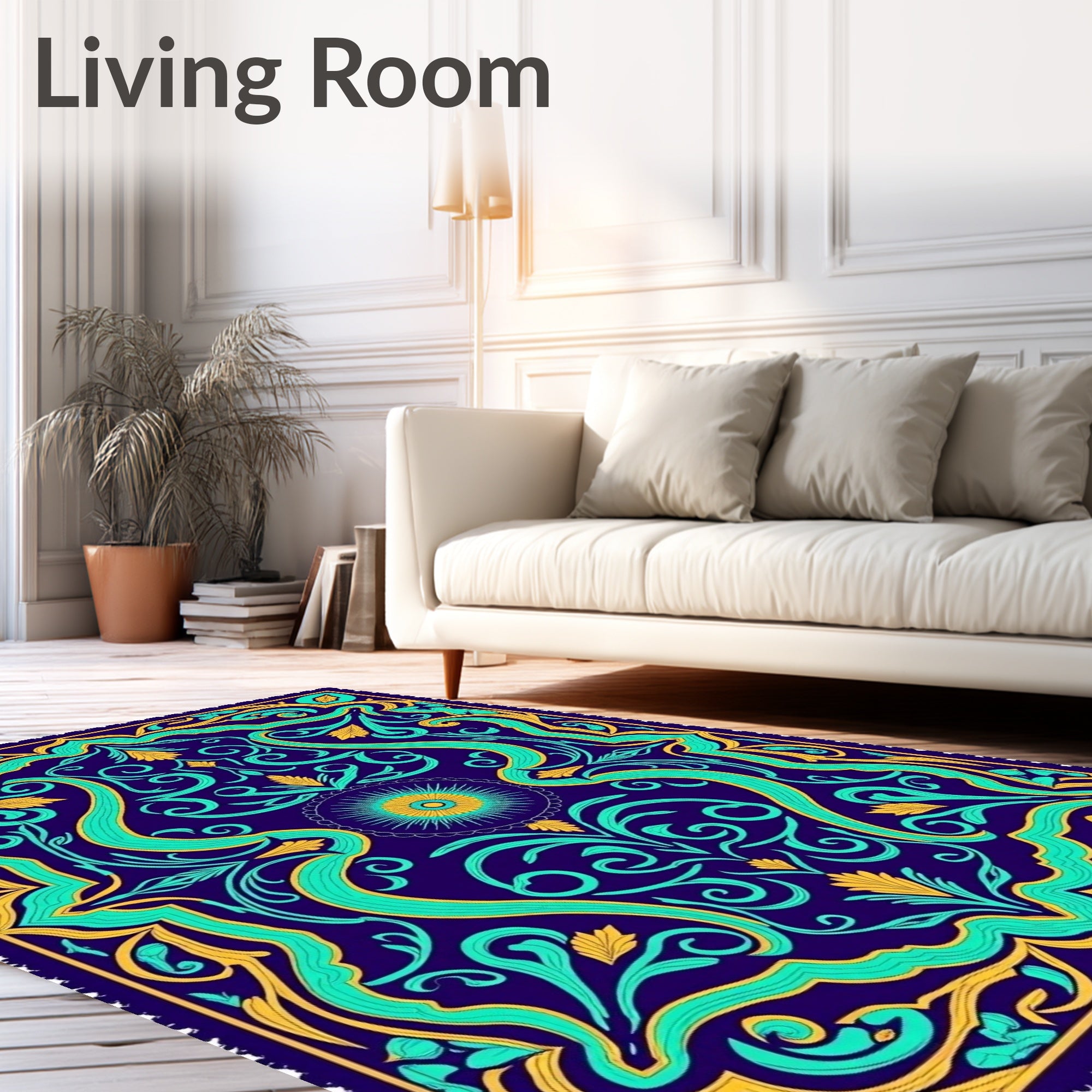 Deep Blue Teal Golden Floral Medallion Rug