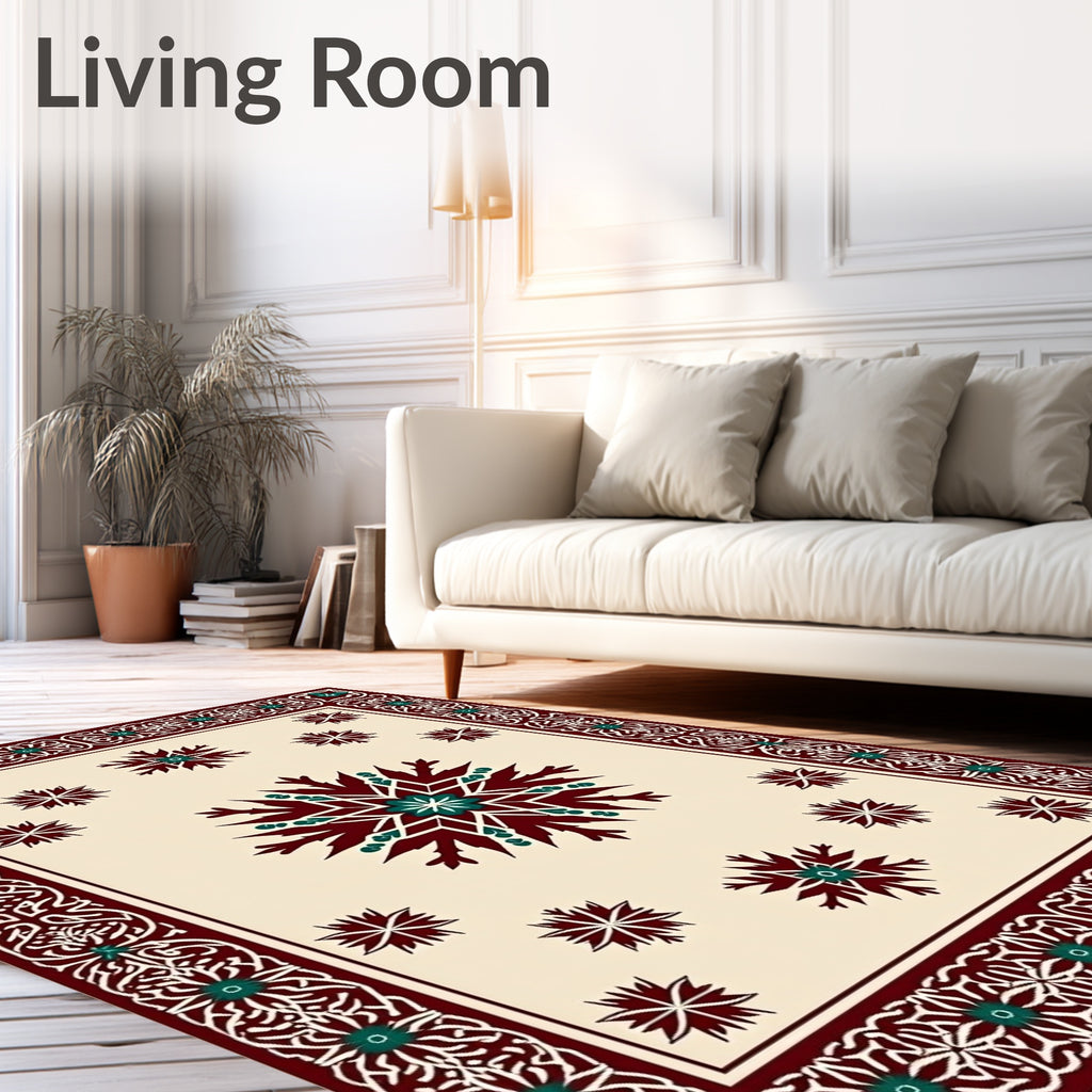 Burgundy Teal Starburst Medallion Border Rug