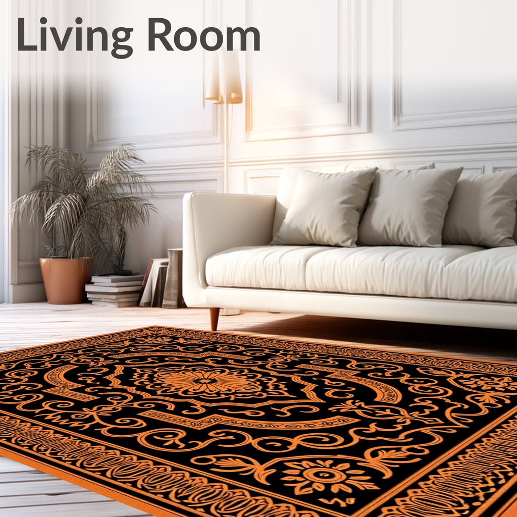 Orange Black Ornate Medallion Scroll Rug
