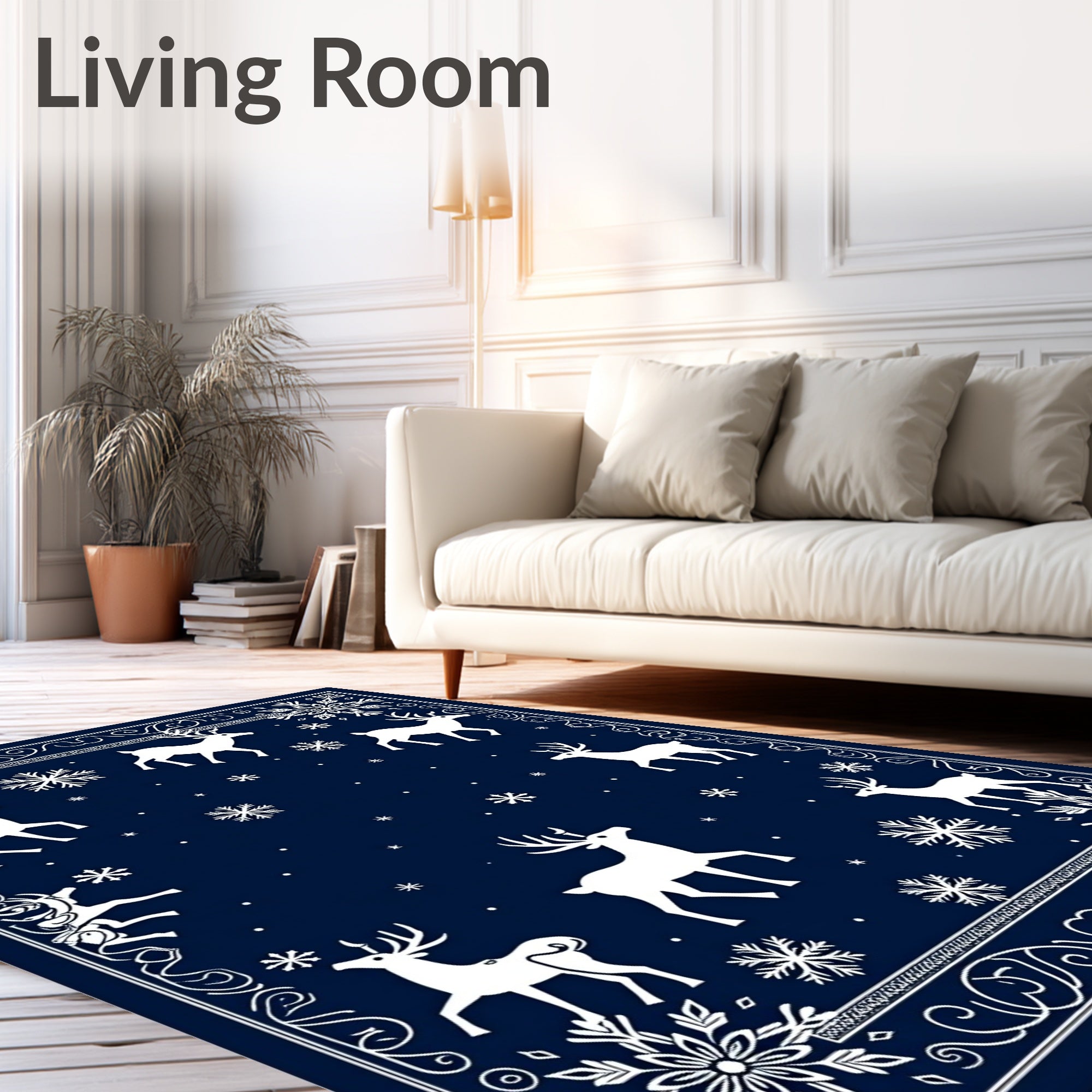 Navy Blue Winter Reindeer Snowflakes Rug