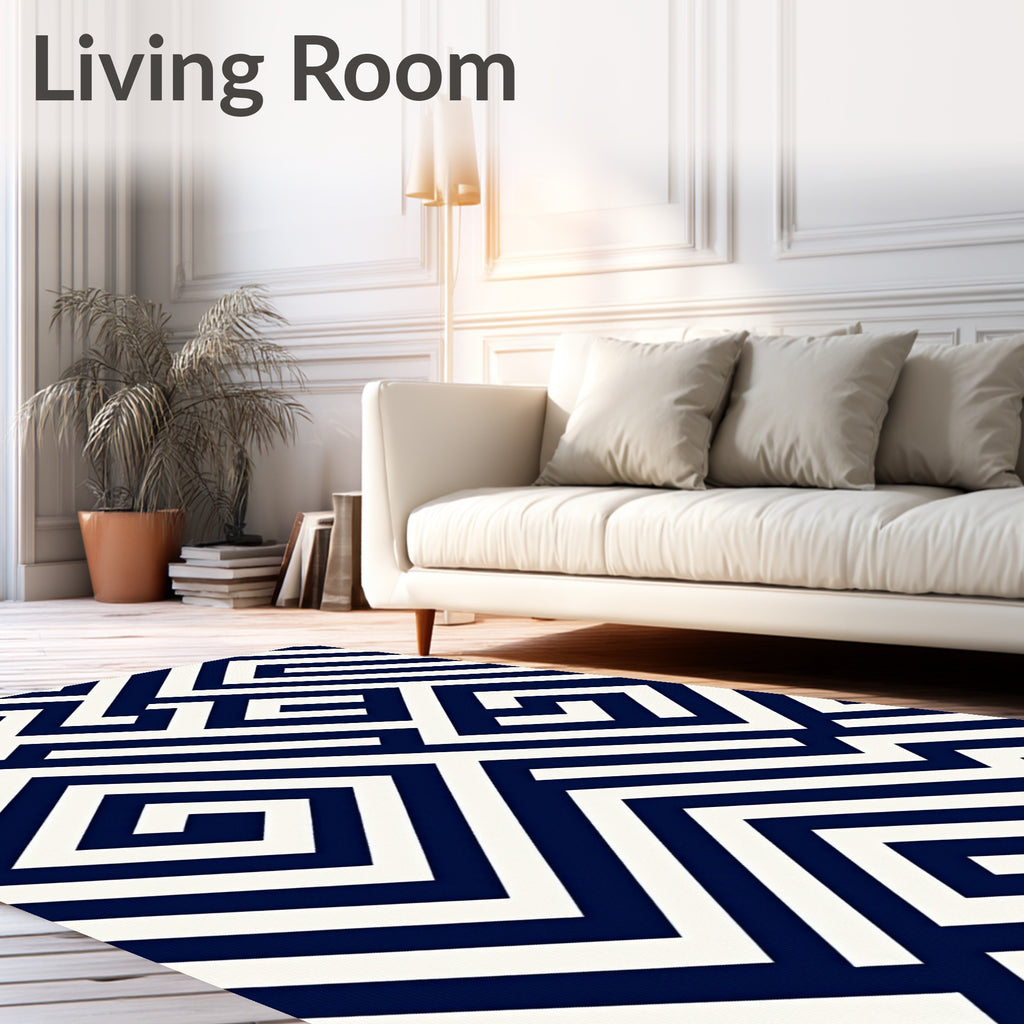 Deep Blue White Geometric Maze Rug