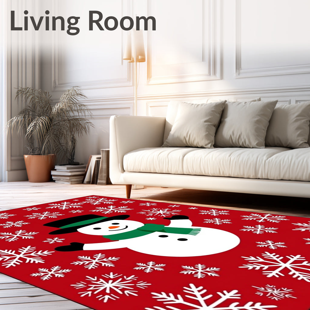 Cheerful Snowman White Snowflake Red Rug