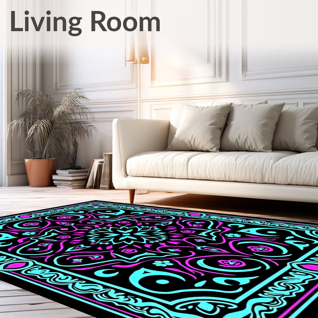 Retro Teal Pink Floral Mandala Rug