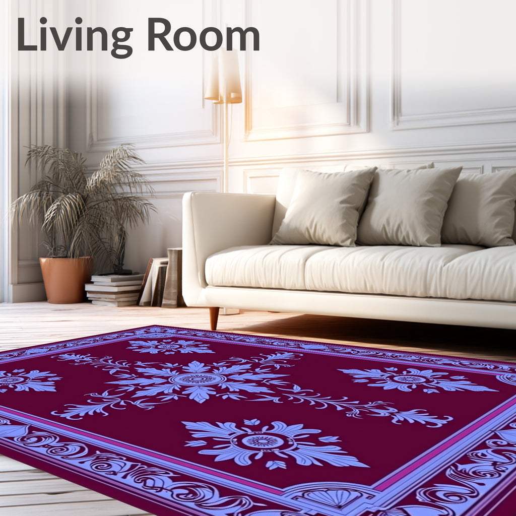 Burgundy Blue Floral Medallion Frame Rug