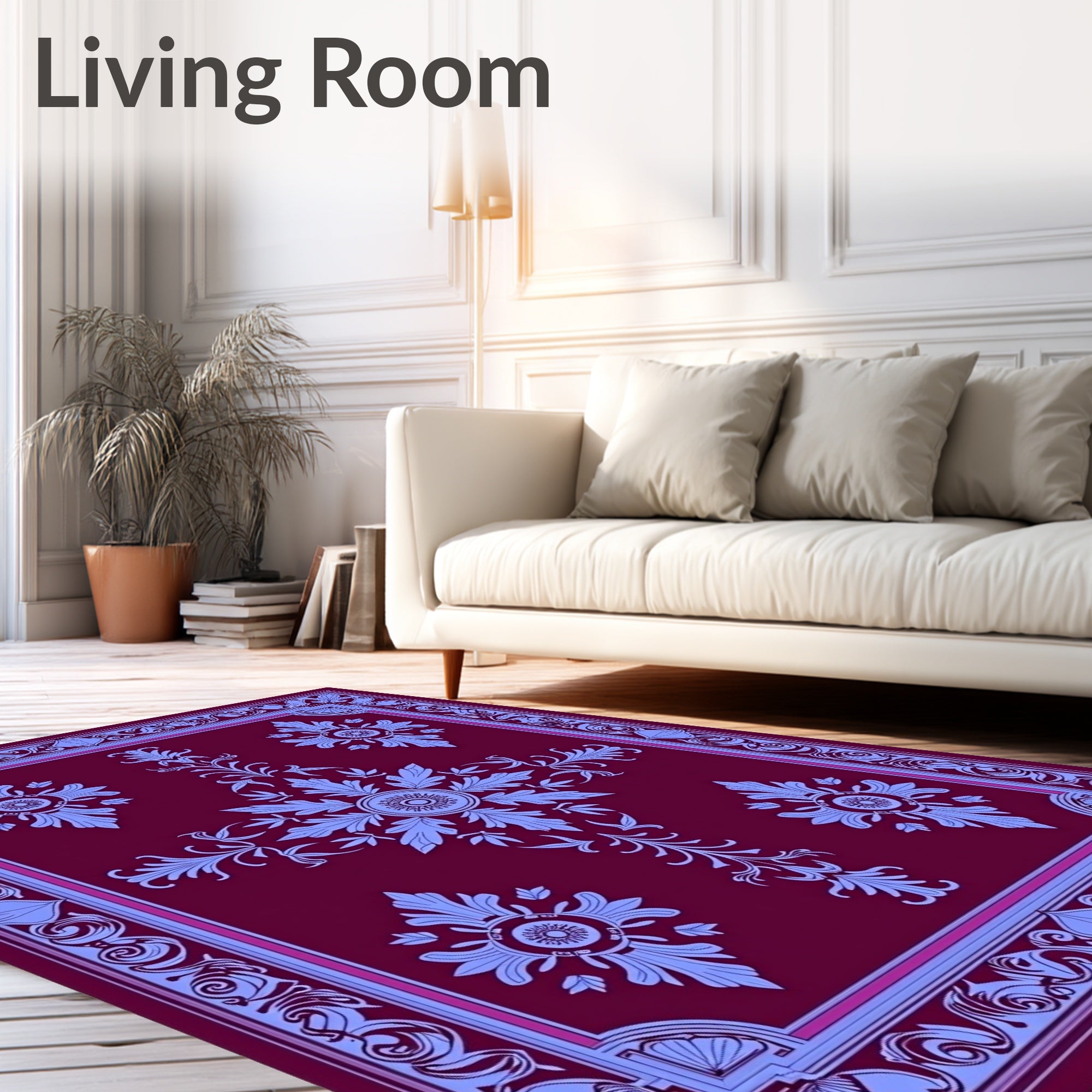 Burgundy Blue Floral Medallion Frame Rug