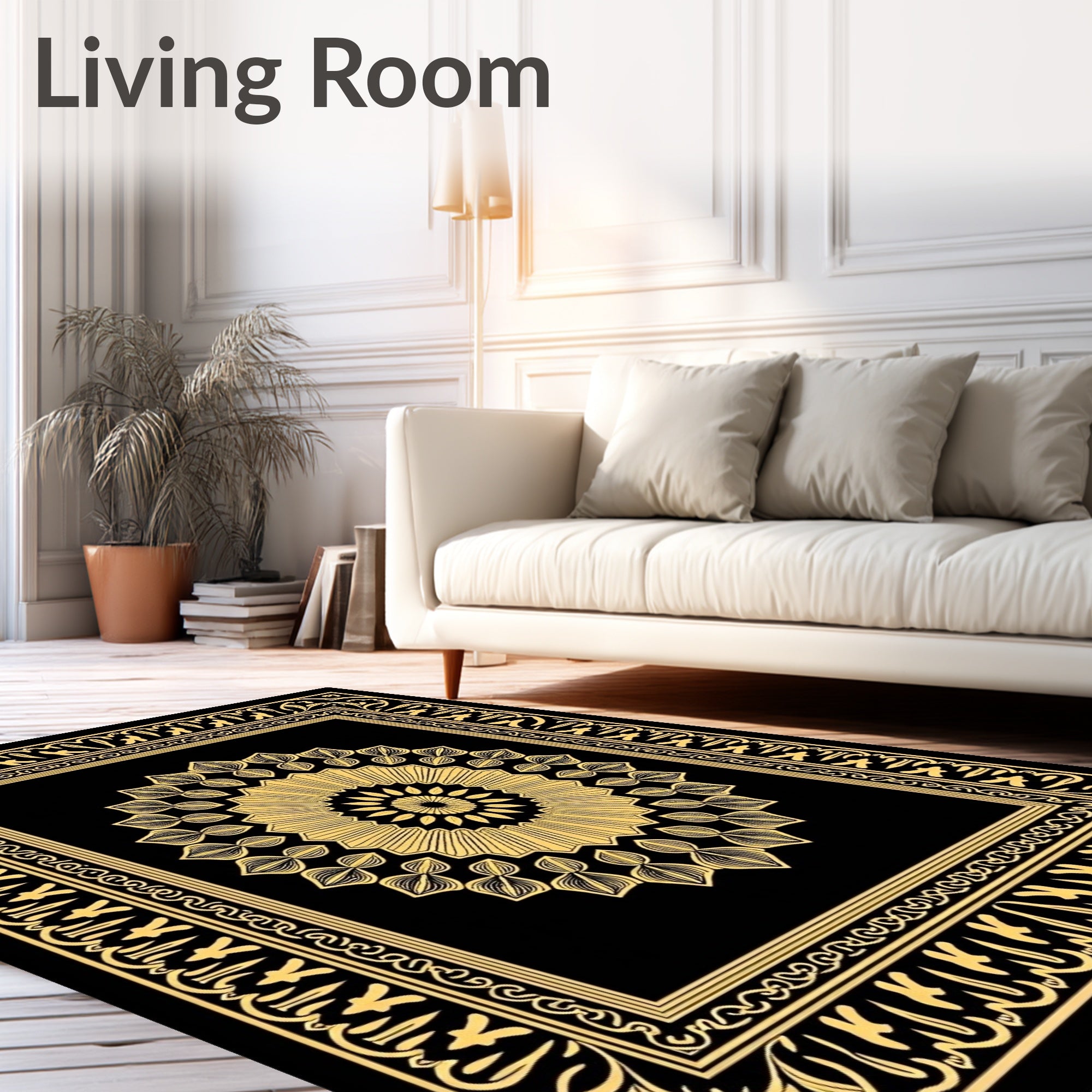 Black Gold Intricate Medallion Square Rug