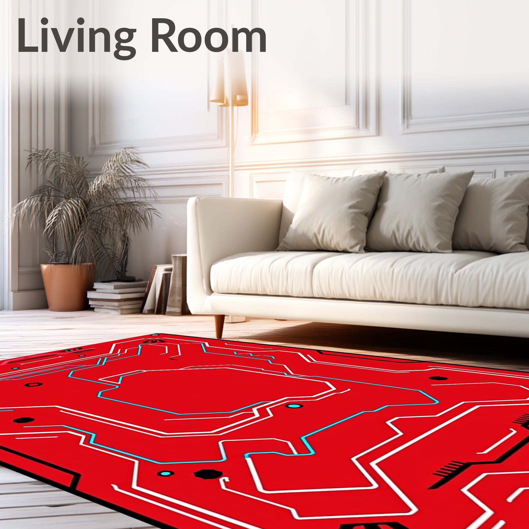 Crimson Circuit Board Geometric Lines Rug