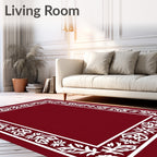 Deep Red White Floral Border Rug