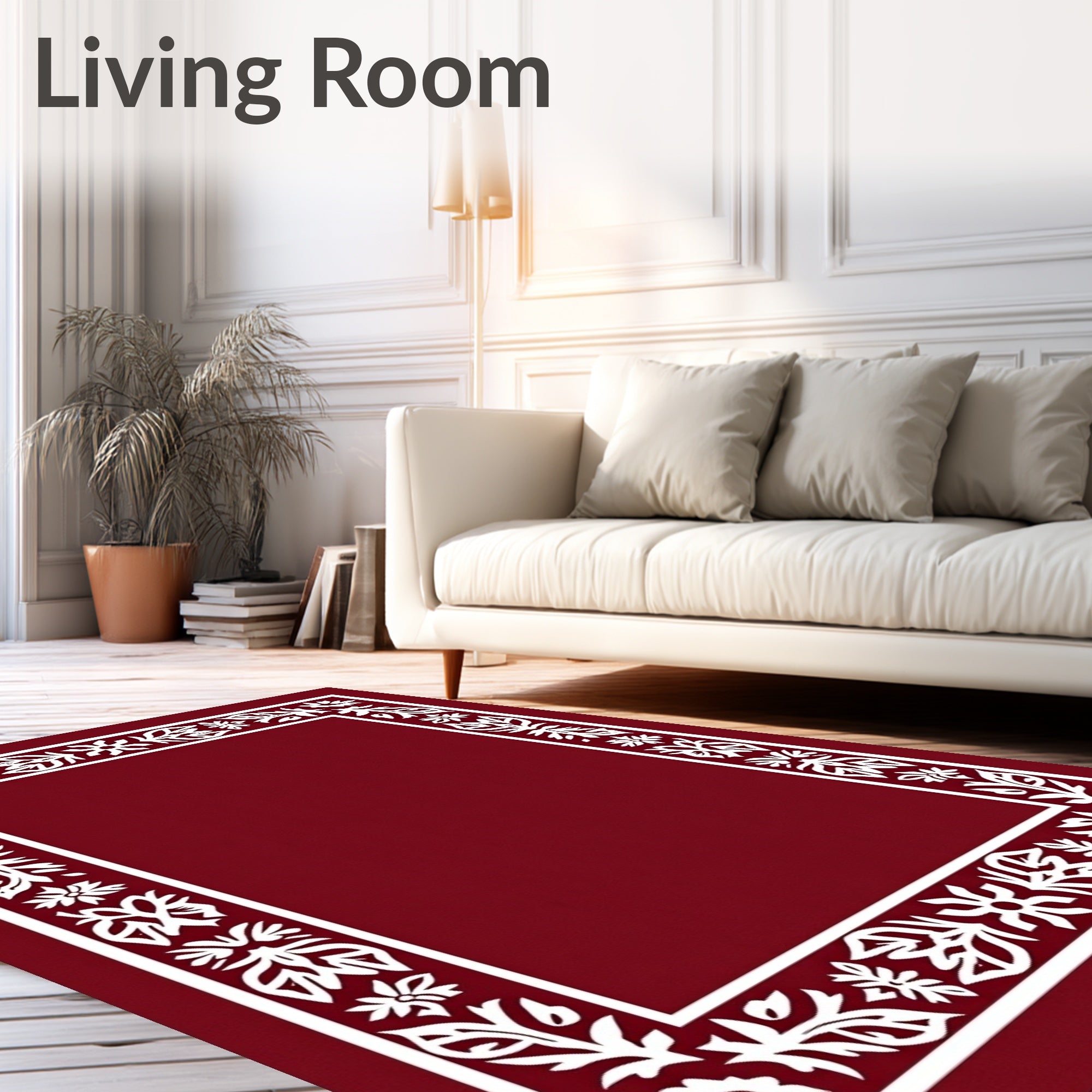 Deep Red White Floral Border Rug