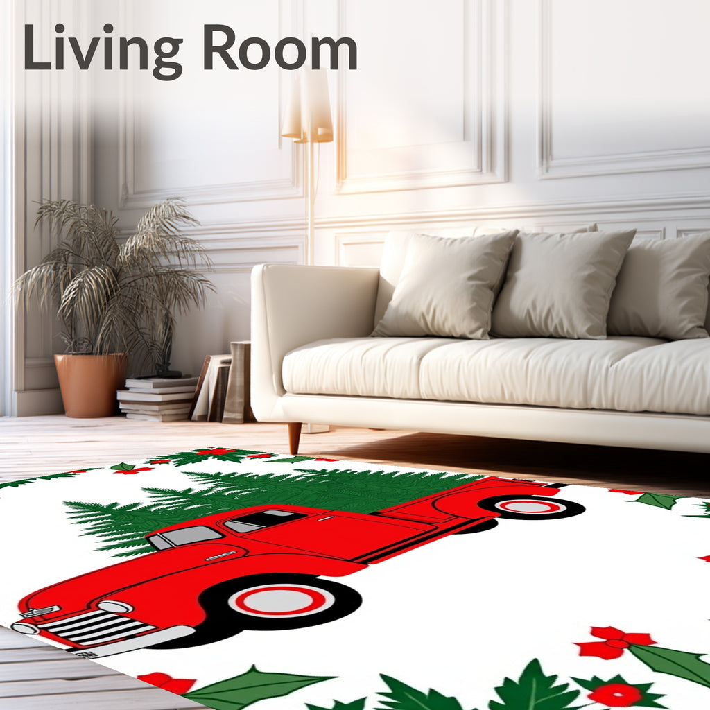 Red Vintage Truck Christmas Trees Holly Border Rug