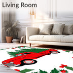 Red Vintage Truck Christmas Trees Holly Border Rug