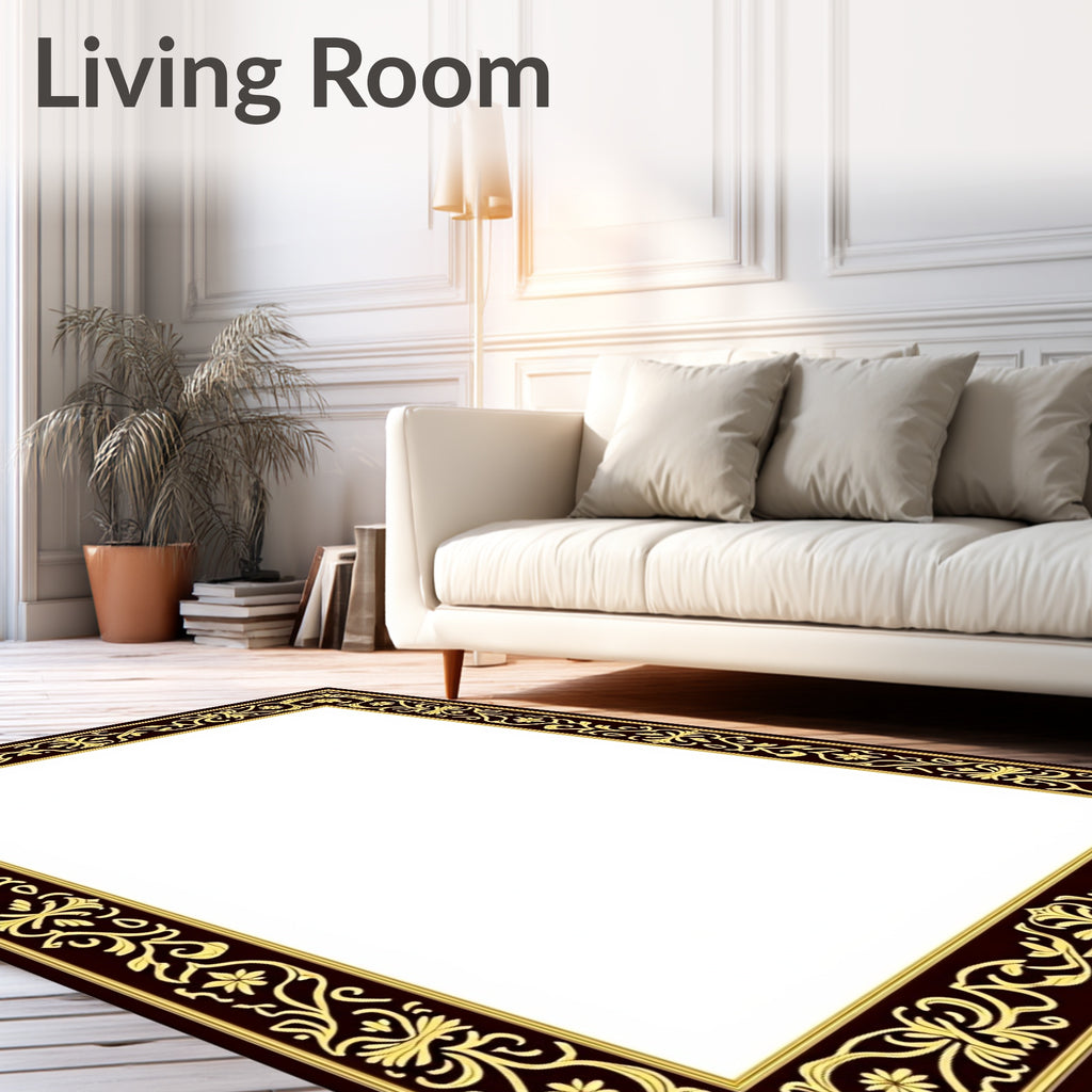 Dark Brown Gold Floral Scroll Border Rug