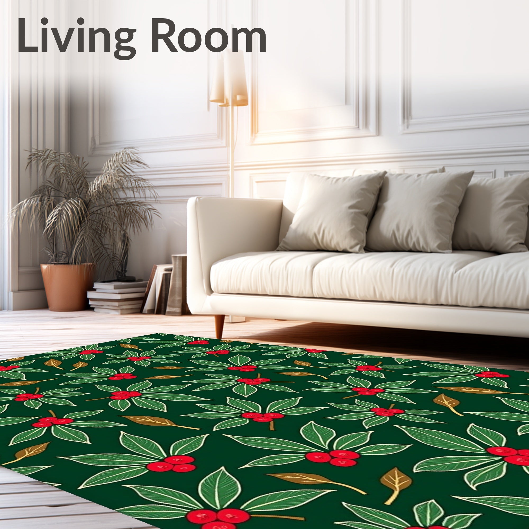 Deep Green Holly Berry Leaf Arrangement Rug