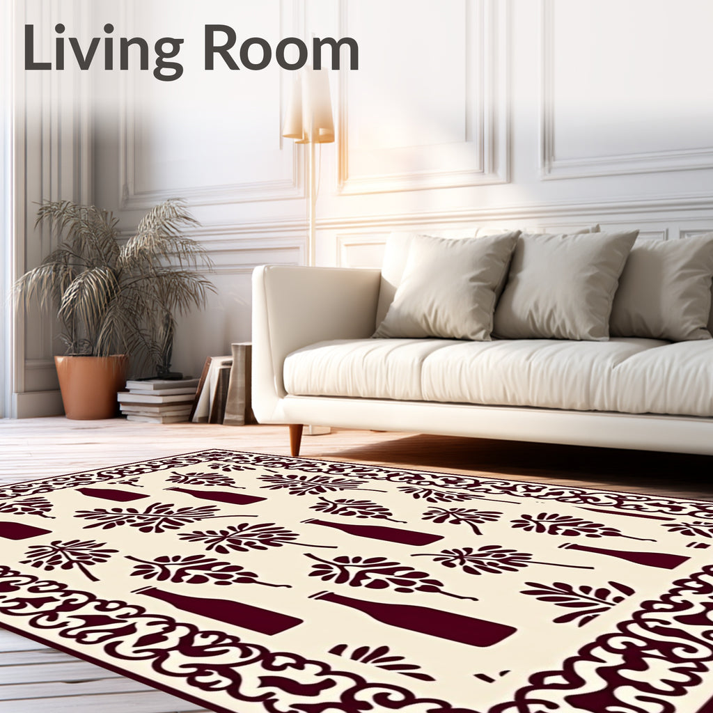 Deep Red Wine Bottle Leaf Border Rug