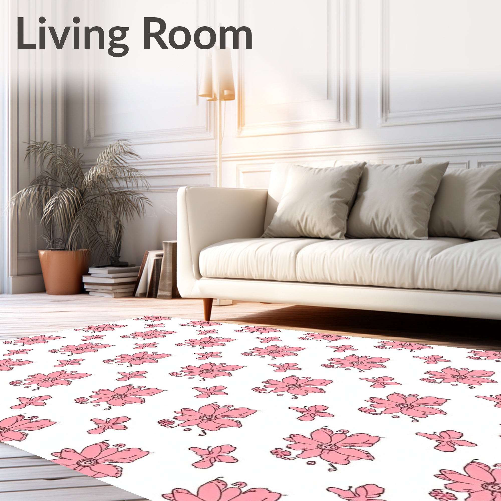 Pink Hand Drawn Floral Butterfly Repeat Rug