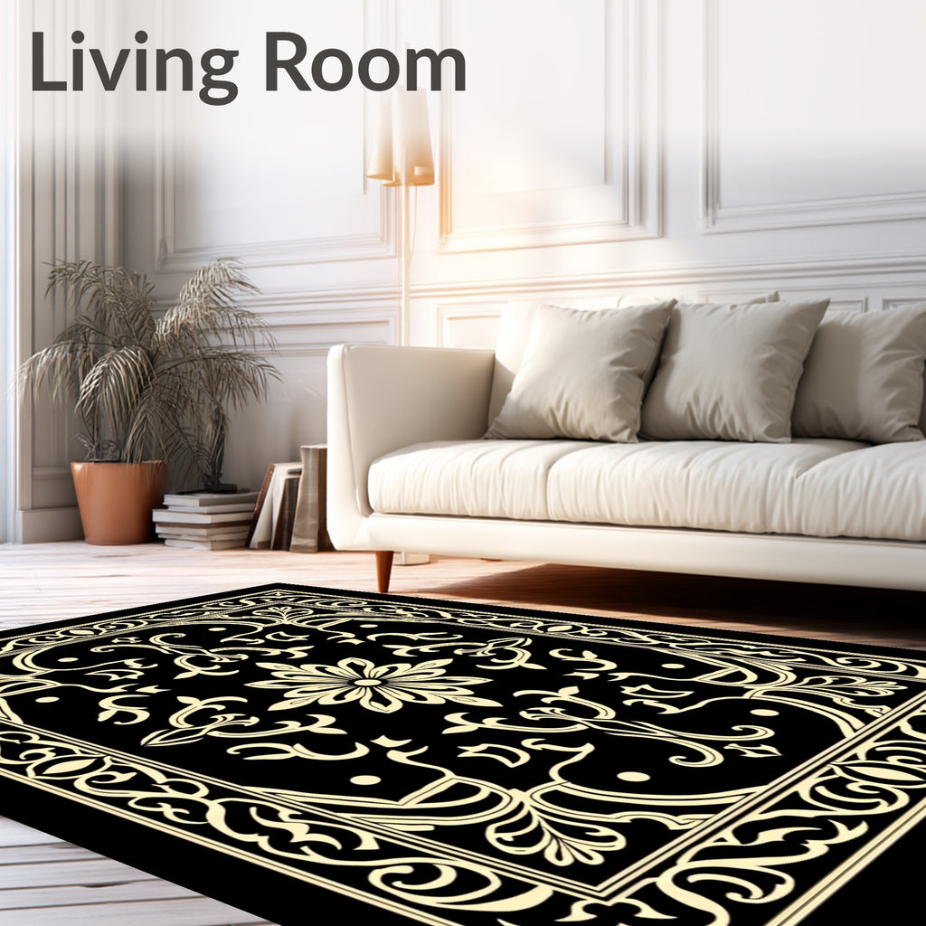 Ornate Black Ivory Floral Scroll Rug