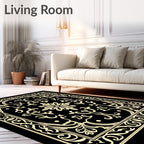 Ornate Black Ivory Floral Scroll Rug
